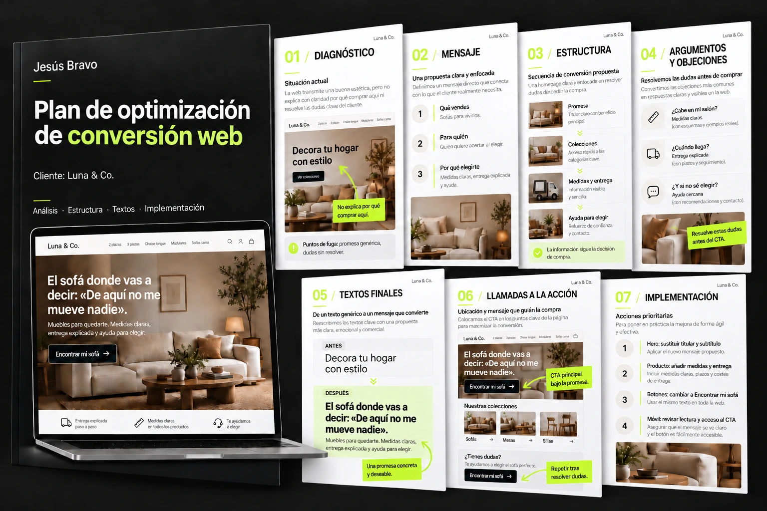 Vista del entregable personalizado de Jesús Bravo: diagnóstico, mensaje, estructura, argumentos y objeciones, textos finales, llamadas a la acción y guía de implementación.